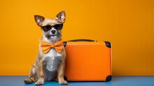 Chilled Dog Wearing Sunglasses With Colorful Suitcase On Orange Yellow Background, Concept Of Fun Travel, With Copy Space.