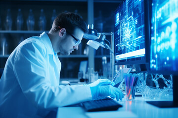 Wall Mural - a scientist working on ai research in a modern laboratory, surrounded by high-tech equipment, creati