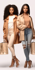 Canvas Print - Two women standing next to each other, each holding shopping bags. This image can be used to depict friendship, shopping, consumerism, fashion, retail therapy, or urban lifestyle.