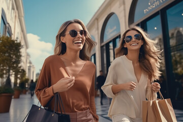 Poster - Two women walking down the street carrying shopping bags. Suitable for fashion, consumerism, and urban lifestyle concepts.