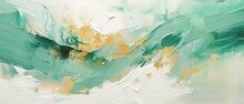 Abstract Rough Green White Gold Art Painting Texture Background Illustration, With Oil Brushstroke And Pallet Knife Paint On Canvas