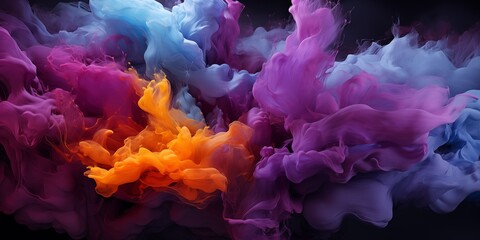Wall Mural - purple yellow blue abstract paint on dark black background colored ink texture, for design, website,