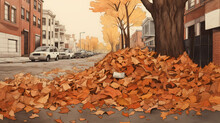 Fall Pile Of Leaves In Illustrated Drawn Style; On City Street Block