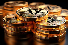 Bitcoin Crypto currency, Gold Bitcoin, BTC, close up. Bitcoin coins on black background. Blockchain technology, bitcoin mining concept.