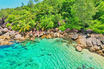 Drone shot of Anse Major beach, transparent sea, lush forest and granite stones, Mahe, Seychelles 1