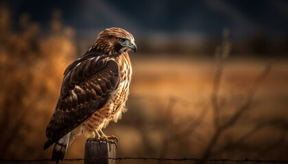 Poster - Majestic hawk perching on branch, talons and beak in focus generated by AI