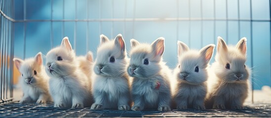 Canvas Print - A blue cage held a cluster of rabbits above it captured in a soft focus shot with a background that appeared blurry