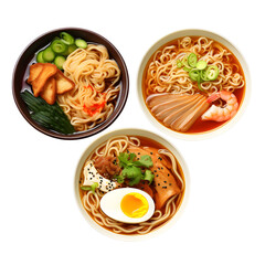 Japanese noodle ramen bowl isolated, set of asian food