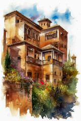 Wall Mural - Watercolor drawing of the Alhambra in Granada. Generative AI.