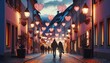 A charming cobblestone street in a quaint European town during twilight. The street is lined with old-fashioned lampposts illuminating the way. Setting the mood for Valentine's Day.