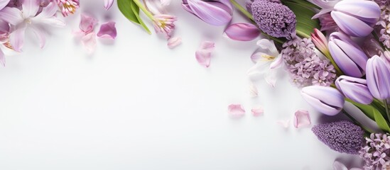 Wall Mural - A simple spring backdrop featuring lilac flowers tulips and lilies of the valley on a white table