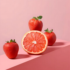 Wall Mural - Strawberrys and grapefruit isolated on pink podium. Minimal fruit concept.