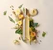 A bottle of wine in flowers, on a yellow  background in pastel colors. Top view with a meta place for text. Advertising photo.