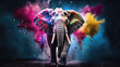 elephant in colorful powder paint explosion, dynamic
