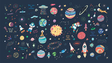 Space Funny Cosmos Objects Vector Illustartions Set.