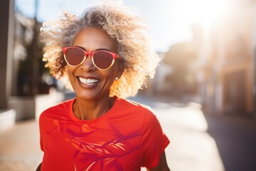 Wall Mural - African American mature woman running outside on sunny day.