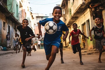 Wall Mural - Brazilian boys playing soccer in a favela.