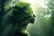 People And Nature Concept. Double Exposure Portrait Of Woman With Green Forest, Creative Artwork