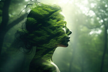 Wall Mural - People and nature concept. Double exposure portrait of woman with green forest, creative artwork
