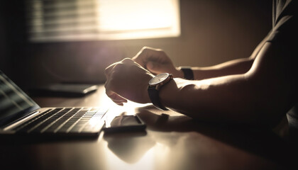 successful businessman typing on laptop, holding smart phone for communication generated by ai