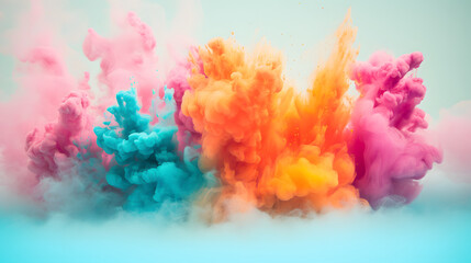 Rainbow dense clouds, fog and smoke neon lights abstract background. Colorful sky and color refraction. 3D Illustration. Smoke colored in various hues.