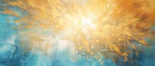 Closeup Of Abstract Rough Gold Blue Sun Explosion Painting Texture, With Oil Brushstroke, Pallet Knife Paint On Canvas - Art Background