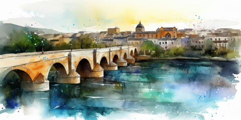 Wall Mural - Watercolor drawing of the Roman bridge in Cordoba. Generative AI.