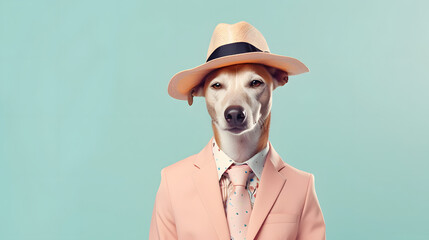 Wall Mural - A dog standing on two legs in a pink elegant suit. Abstract, creative, illustrated, minimal portrait of a animal dressed up as a man in elegant clothes.