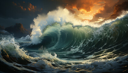 Sticker - Awe inspiring sunset, crashing waves, and flowing water create a beautiful seascape generated by AI