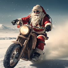 Santa Claus Rides A Motorcycle In A Snowy Forest And Brings Gifts To Children. Blurred Background. A Winter Idea. Merry Christmas Greeting Card Illustration.