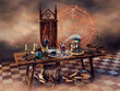 Old table with alchemical potions and books. 3d render.