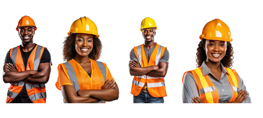 Team black engineer in helmet and orange vest, smiling, isolated on white transparent background.