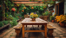 Rustic Bench On Patio Surrounded By Potted Plants And Nature Generated By AI