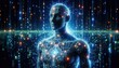Picture of a digital being, an embodiment of AI, having a humanoid shape crafted from intricate circuits, glowing data points 0s and 1s high tech technology concept 