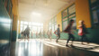 School busy hallway with students in blurred motion