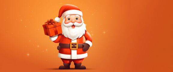 cartoon character santa claus  holding a gift box  against orange  background with copy space