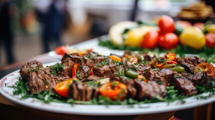 This appetizing image features a plate of perfectly grilled meat, elegantly displayed on a wedding or restaurant buffet, promising a delightful culinary experience for attendees.