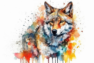  Watercolor drawing of a Wolf - Canis lupus. Generative AI.
