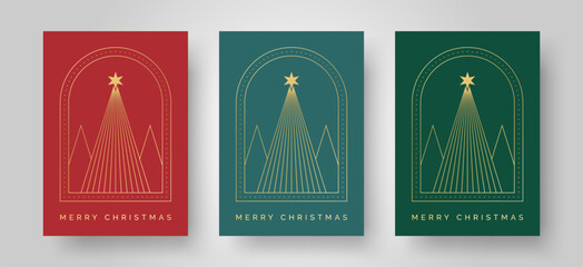 Wall Mural - Christmas Card Vector Design Template. Christmas Tree Illustration in Frame. Christmas Greeting Card Set