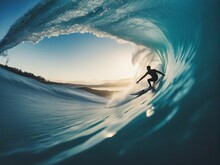 Surfer On Blue Ocean Wave In The Tube Getting Barreled