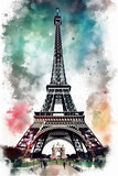 Fototapeta Boho - Watercolor drawing of the Eiffel Tower. Generative AI.