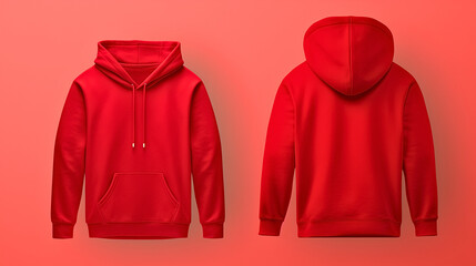 A set of red hooded sweatshirts in front and back views is showcased on a translucent backdrop, ideal for graphic design artwork.