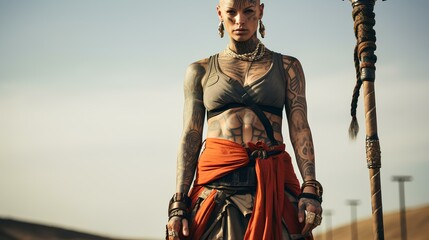 Wall Mural - Full body tattooed muscular female monk with facial piercings, holding a bo staff. generative AI