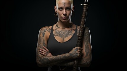 Wall Mural - Full body tattooed muscular female monk with facial piercings, holding a bo staff. generative AI