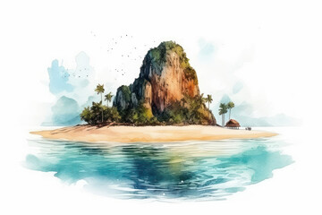 Wall Mural - Phra Nang Beach watercolor drawing. Generative AI.