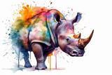 Fototapeta Dinusie - Watercolor drawing of a rhinoceros. Generative AI.
