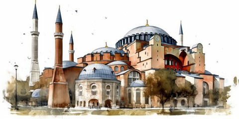 Wall Mural - Watercolor drawing of the Great Mosque of Hagia Sophia. Generative AI.