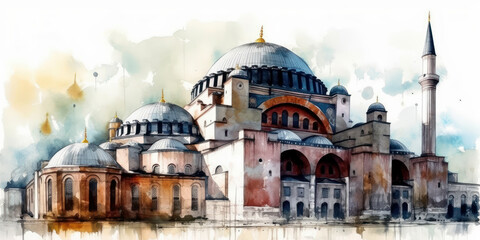 Wall Mural - Watercolor drawing of the Great Mosque of Hagia Sophia. Generative AI.