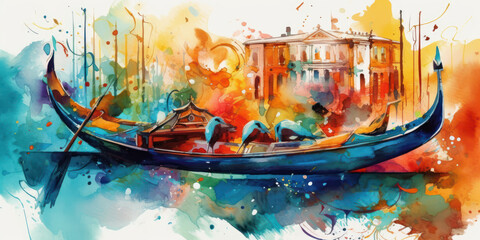 Wall Mural - Watercolor drawing of the gondolas in the canals of Venice. Generative AI.