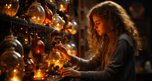A Girl Decorating A Christmas Tree. A Woman Is Looking At A Shelf Full Of Lights